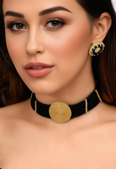 Black Beaded Necklace with Gold Mandala Pendant