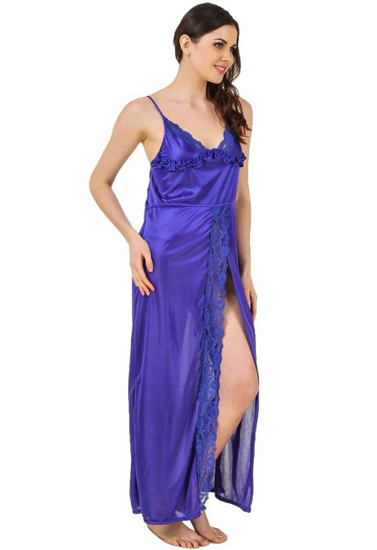 Blue Front Sexy Slit Cut Long Nighty