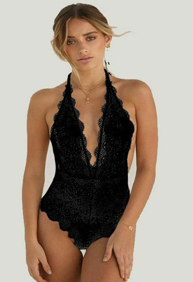 "French" Daina flirty black lace teddy bodysuit