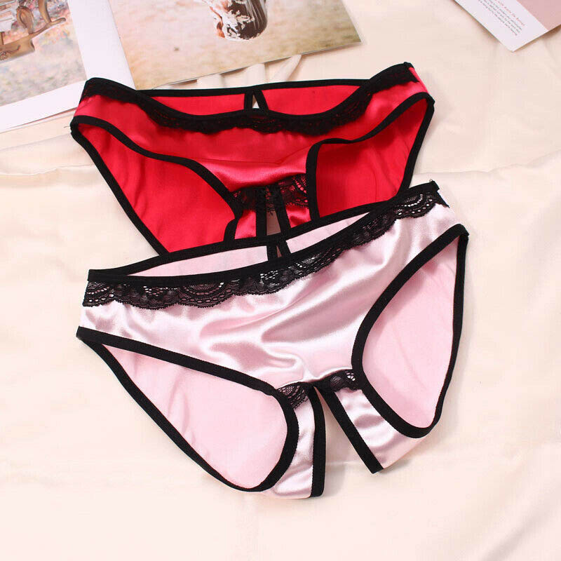2 Pack silk satin crotchless bikini pantie