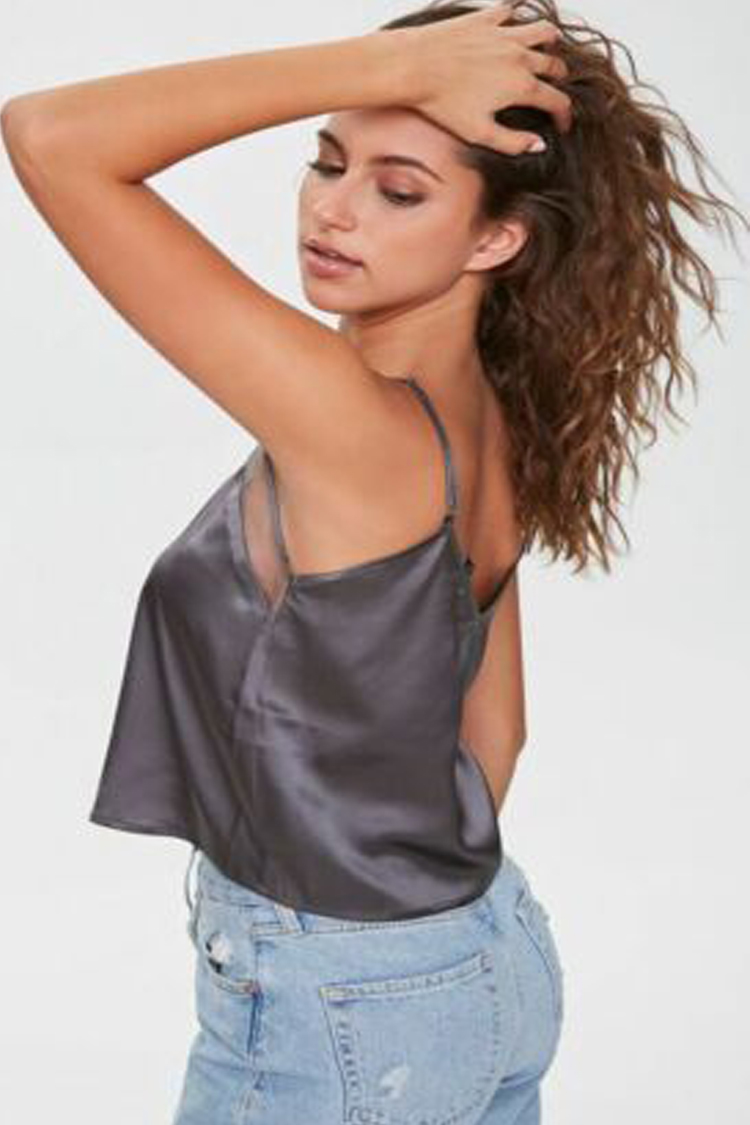 Mesh-Trim Satin Dark Grey Camisole