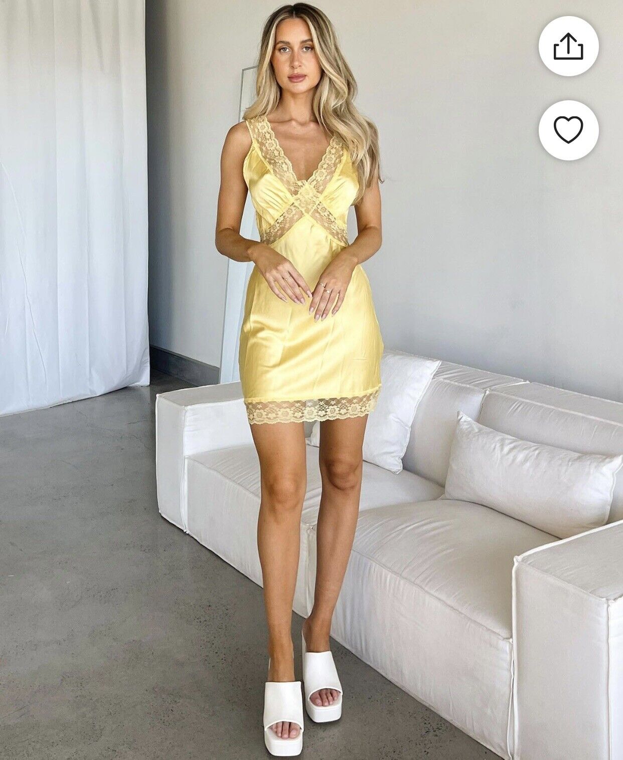 Silk Satin Slip Yellow Lace Trim Dress