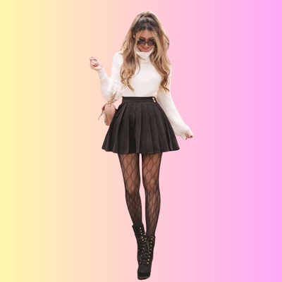 Turtleneck, A-line skirt, patterned tights, and ankle boots