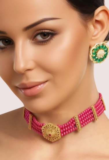 Red Beaded Necklace with Golden Hexagon Pendant