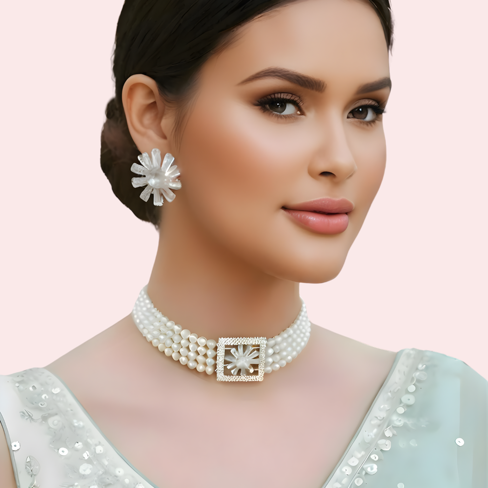 Ivory Pearl Choker Necklace &amp;amp;amp; Floral Statement Earrings Set