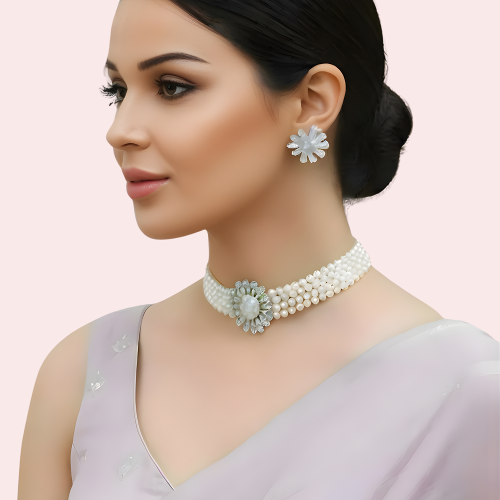 Classic White Pearl Choker Necklace &amp;amp; Floral Earrings Set
