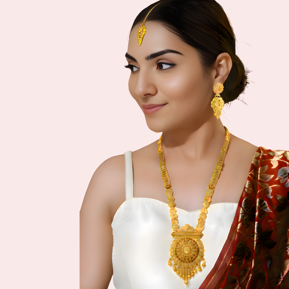 Traditional Temple Gold Necklace Set with Pendant, Earrings and Maang Tikka