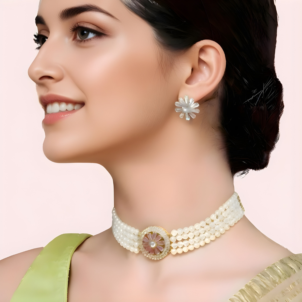 Floral Pearl Choker Necklace &amp;amp;amp; Stud Earrings Set