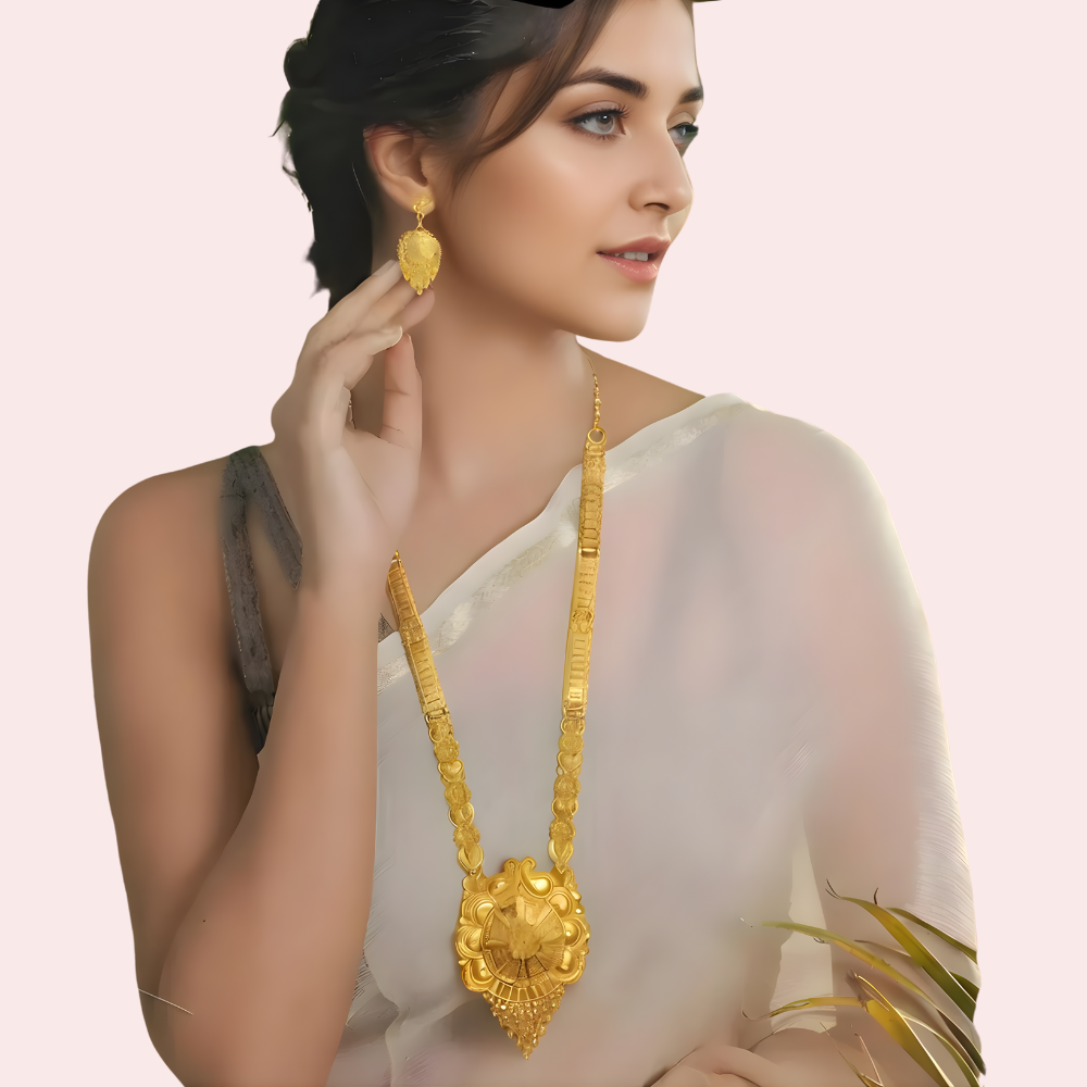 Classic Bridal Gold Long Necklace Set with Pendant, Earrings and Maang Tikka