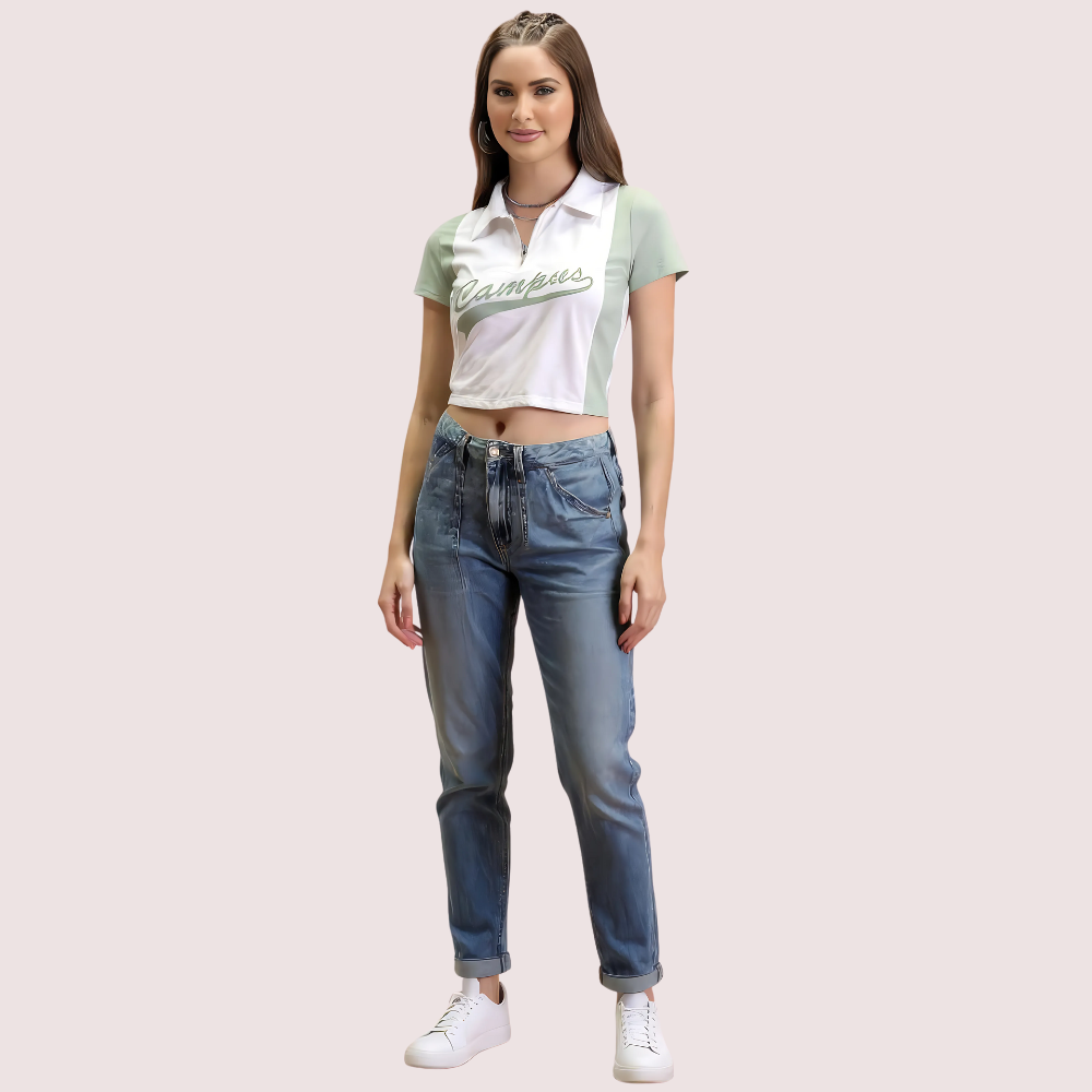 Women and Mint Green and Campus and Polo Crop Top – Casual Sporty Tee