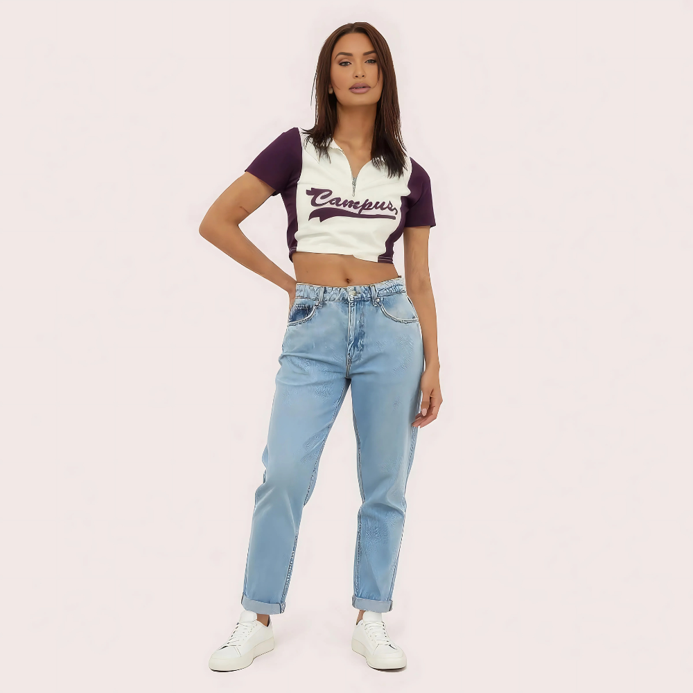 Women and Purple and Campus and Zip Polo Crop Top – Collegiate-Inspired Style