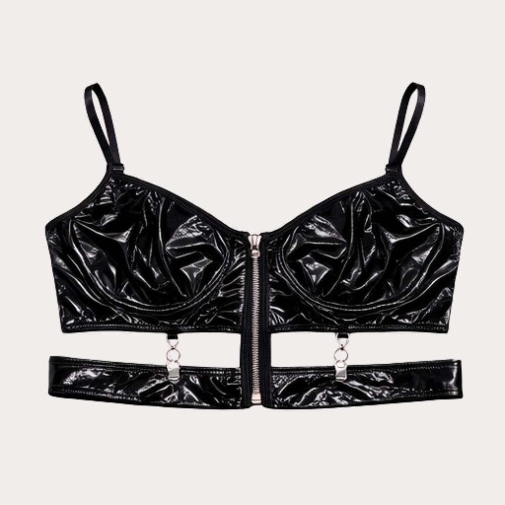 Black Patent Leather Look Bikini Top for Women – Front Zip Strappy Swimwear