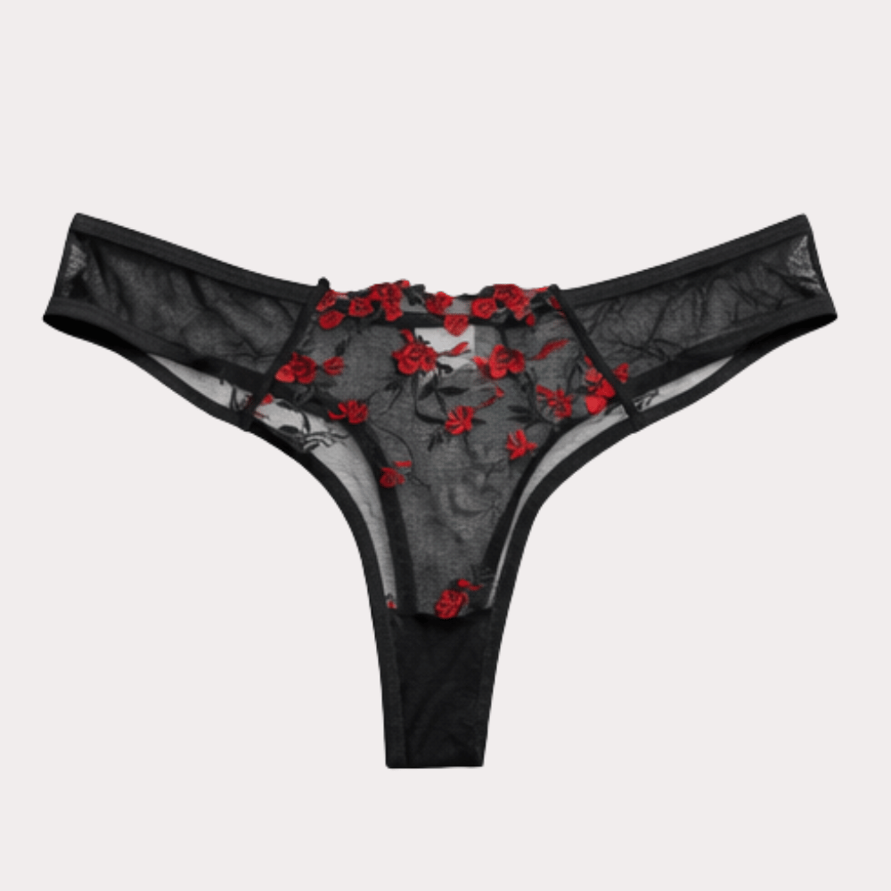 Black Sheer Mesh Thong with Red Floral Embroidery