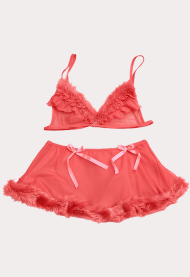 Coral Blush Feather Trim Sheer Lingerie Set with Skirt