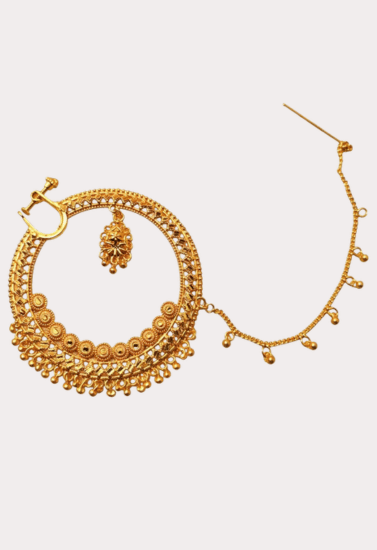 Royal Filigree Bridal Nath with Chain – Gold-Toned Traditional Nose Ring