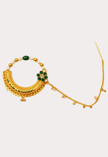 Royal Green Stone Bridal Nath with Chain – Gold-Toned Traditional Nose Ring