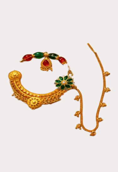 Royal Multicolor Floral Bridal Nath with Chain – Gold-Toned Traditional Nose Ring