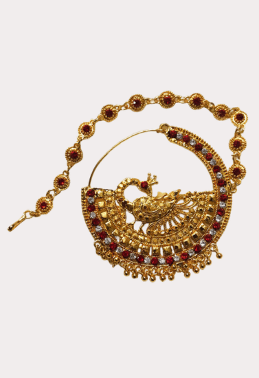 Royal Peacock Design Bridal Nath with Chain – Gold-Toned Red Stone Nose Ring