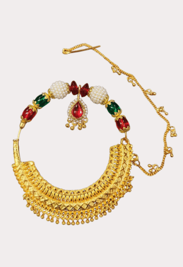 Royal Kundan Pearl Bridal Nath with Red and Green Stone Detailing