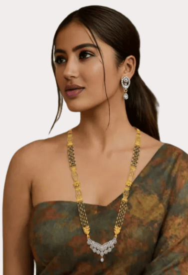 Royal Long Gold-Toned Mangalsutra with Designer Pendant and Black Bead Detailing