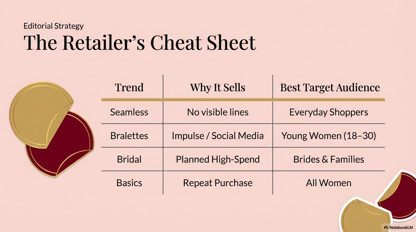 Lingerie retailer cheat sheet 2026 &mdash; seamless, bralettes, bridal and basics compared by why it sells and target audience for Indian lingerie retailers