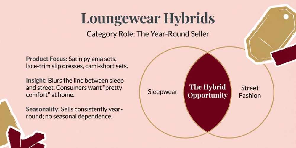 Loungewear hybrid lingerie trend 2026 &mdash; satin pyjama sets and cami-short sets bridging sleepwear and street fashion, year-round seller for Indian retailers