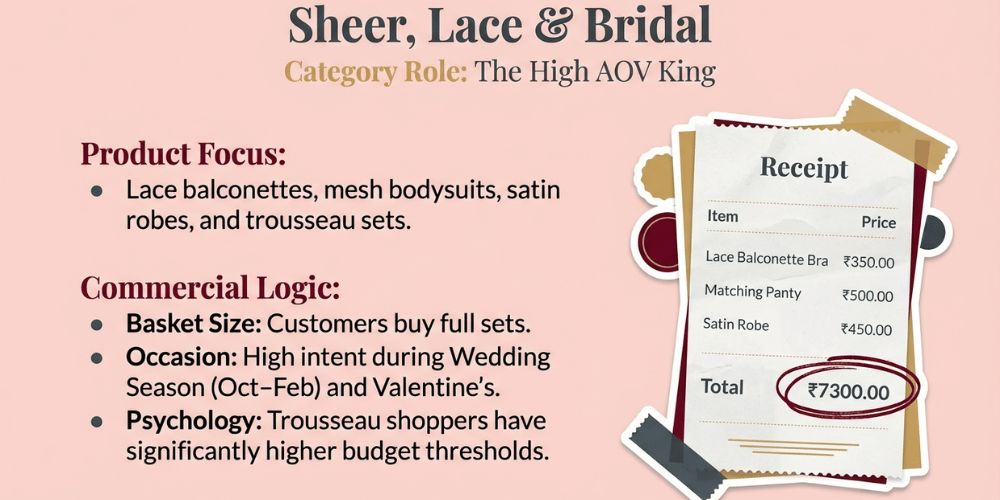 Sheer lace and bridal lingerie trend 2026 &mdash; high AOV category with lace balconette bra, satin robe, trousseau sets for wedding season India