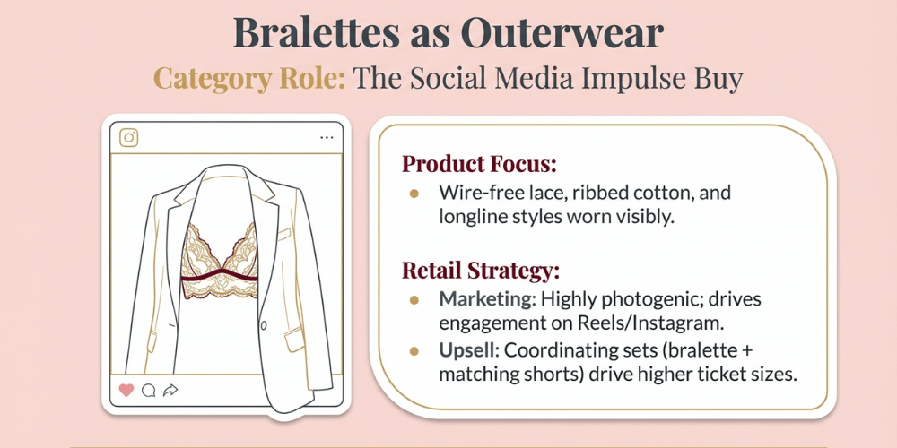 Bralettes as outerwear trend 2026 &mdash; lace bralette styled under blazer, social media impulse buy retail strategy for online lingerie sellers India
