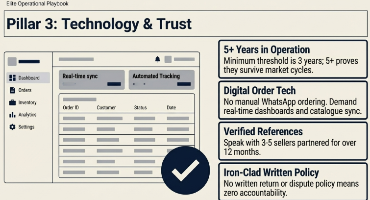 Infographic titled &ldquo;Pillar 3: Technology & Trust&rdquo; highlighting key requirements for reliable suppliers, including 5+ years in operation, digital order management systems with real-time sync and automated tracking, verified seller references, and a clear written return/dispute policy. Visual includes a dashboard interface representing inventory, orders, and analytics, emphasizing transparency and scalability.