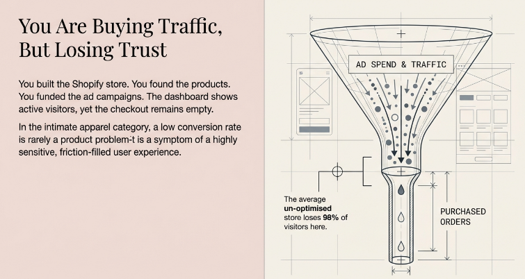Illustration of a marketing funnel labeled &ldquo;Ad Spend & Traffic&rdquo; showing visitors dropping off before purchase, alongside text explaining that Shopify stores generate traffic but fail to convert due to trust and user experience issues.