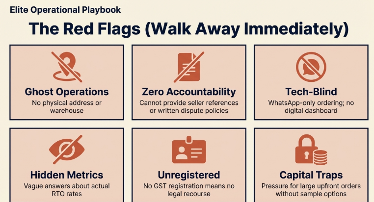 Infographic titled &ldquo;The Red Flags (Walk Away Immediately)&rdquo; highlighting warning signs when choosing suppliers, including ghost operations (no physical address), zero accountability (no references or policies), tech-blind systems (WhatsApp-only ordering), hidden metrics (unclear RTO rates), unregistered businesses (no GST), and capital traps (pressure for large upfront orders without samples).