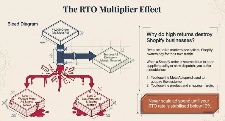 Diagram illustrating how a single Shopify order can result in profit or multiple losses due to high return-to-origin (RTO) rates, showing wasted ad spend, lost product and shipping margin, and emphasizing the need to keep RTO below 10% for sustainable growth.