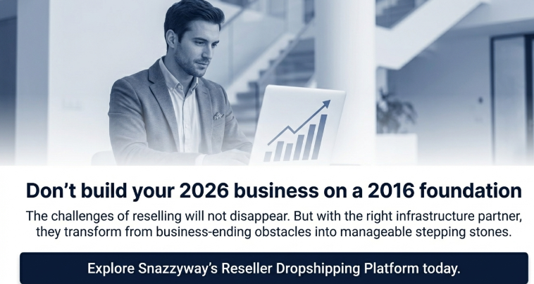 Entrepreneur analyzing ecommerce growth chart on laptop with message about building a 2026 reselling business using modern dropshipping infrastructure