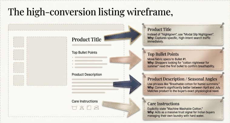 Infographic showing a high-conversion ecommerce product listing wireframe with optimized product title, bullet points, seasonal description, and care instructions designed to improve search visibility and increase sales for nightwear products.