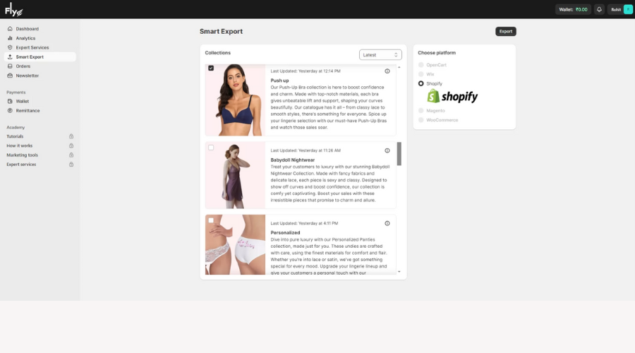 Snazzyway Fly dashboard showing Smart Export feature for syncing lingerie product collections to ecommerce platforms like Shopify.