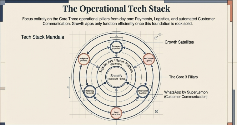 Circular diagram showing the Shopify operational tech stack with Shopify at the center, surrounded by supplier API integration, payment gateways like Razorpay, logistics tools like Shiprocket, customer communication via WhatsApp, and growth apps like Judge.me, Loox, and ReConvert forming a scalable ecosystem.