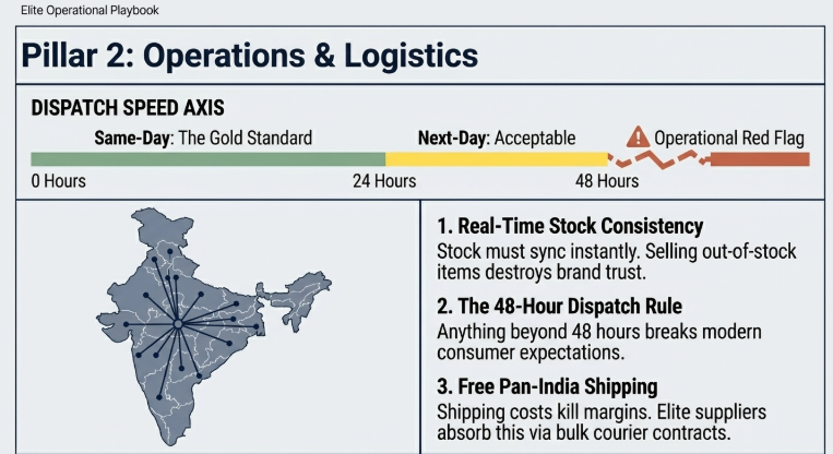 Infographic titled &ldquo;Pillar 2: Operations & Logistics&rdquo; showing a dispatch speed axis from same-day (gold standard) to next-day (acceptable) and beyond 48 hours marked as an operational red flag. Includes a map of India representing nationwide shipping and highlights three key factors: real-time stock consistency, the 48-hour dispatch rule, and the importance of free pan-India shipping for maintaining margins and meeting customer expectations.