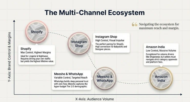 Infographic titled &ldquo;The Multi-Channel Ecosystem&rdquo; mapping Shopify, Instagram Shop, Meesho & WhatsApp, and Amazon India across axes of audience volume and brand control, highlighting how different platforms contribute to reach, margins, and growth strategy in e-commerce.