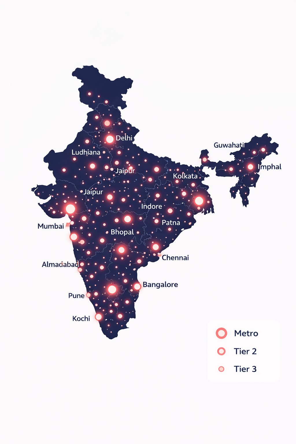 Map of India showing Snazzyway reseller network presence across metro, tier 2, and tier 3 cities including Delhi, Mumbai, Bangalore, Chennai, Kolkata, and Jaipur.