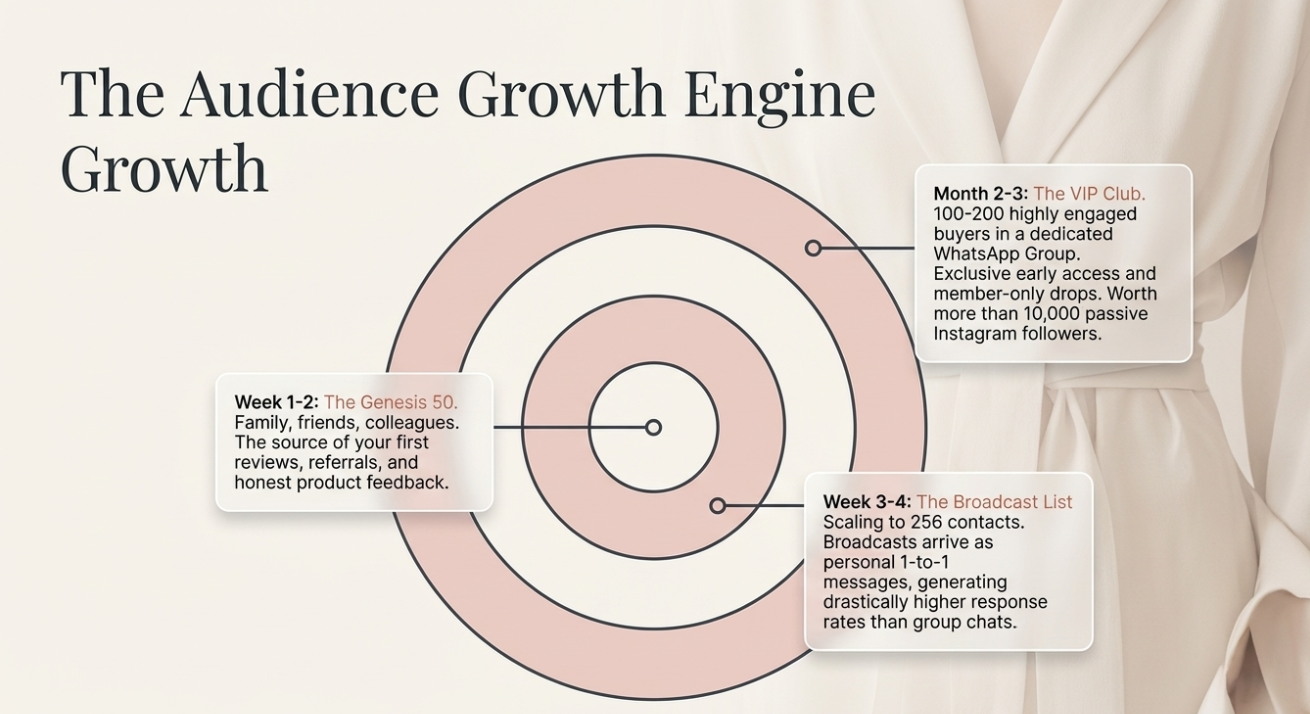 Diagram showing a WhatsApp audience growth engine: starting with early supporters (Genesis 50), expanding to broadcast lists, and building a VIP customer group for higher engagement and sales.