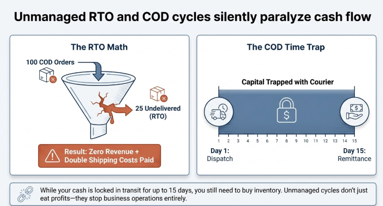 Diagram explaining how unmanaged RTO and COD cycles affect cash flow in online reselling &mdash; 25% undelivered orders causing double shipping costs and courier remittance delays of up to 15 days.