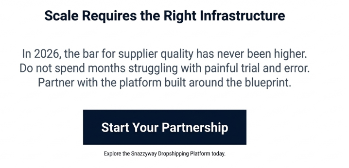 Call-to-action banner titled &ldquo;Scale Requires the Right Infrastructure&rdquo; emphasizing the importance of high-quality suppliers in 2026. Text encourages avoiding trial-and-error and partnering with a proven platform, featuring a prominent &ldquo;Start Your Partnership&rdquo; button and a note to explore the Snazzyway dropshipping platform.