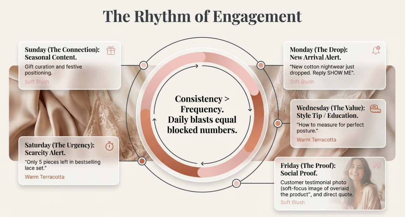 Weekly WhatsApp engagement strategy showing content rhythm: new product drops, style education tips, customer testimonials, scarcity alerts, and seasonal content to build consistent customer engagement.