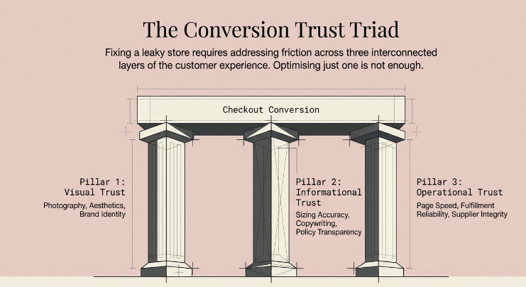 Visual diagram of three pillars supporting checkout conversion&mdash;Visual Trust (photography, aesthetics, brand identity), Informational Trust (sizing accuracy, copywriting, policy transparency), and Operational Trust (page speed, fulfillment reliability, supplier integrity).