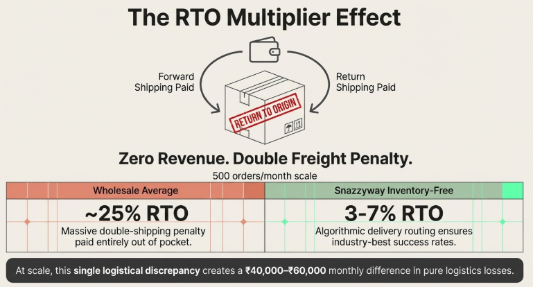 Diagram showing the return-to-origin (RTO) cycle where both forward and return shipping are paid with zero revenue, comparing high 25% RTO in wholesale models versus 3–7% RTO in inventory-free systems and highlighting the impact on profitability.