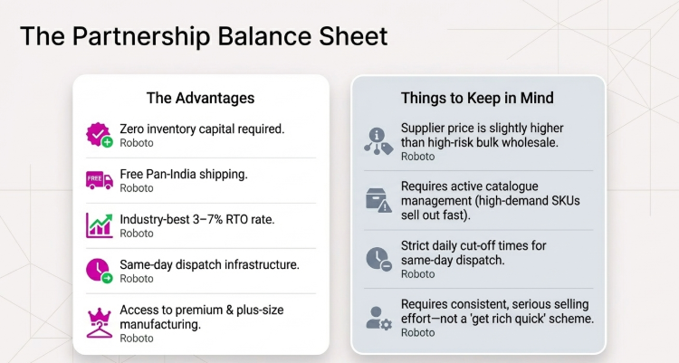 Infographic titled &ldquo;The Partnership Balance Sheet&rdquo; comparing advantages and considerations of the Snazzyway model. The left panel, &ldquo;The Advantages,&rdquo; lists benefits such as zero inventory investment, free pan-India shipping, low 3&ndash;7% RTO rate, same-day dispatch infrastructure, and access to premium and plus-size manufacturing. The right panel, &ldquo;Things to Keep in Mind,&rdquo; outlines considerations including slightly higher supplier pricing than bulk wholesale, the need for active catalogue management, strict daily order cut-off times, and the requirement for consistent selling effort rather than quick gains.