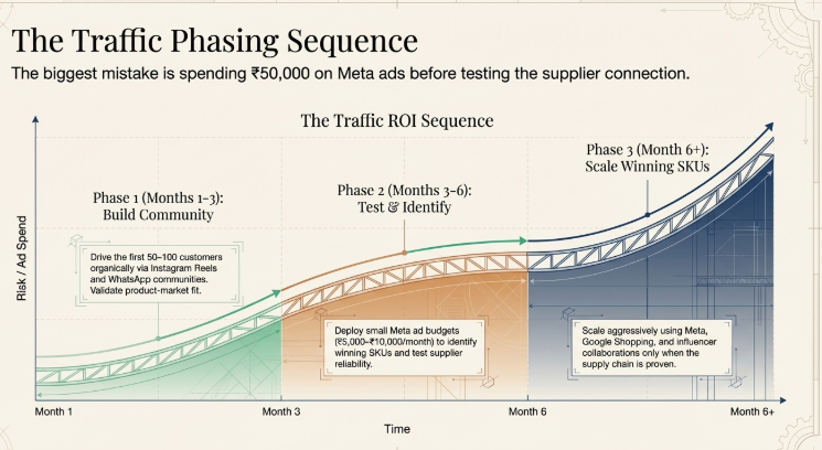 Graph illustrating the Shopify traffic ROI sequence over time, showing three phases: building community with organic traffic, testing products with moderate ad spend, and scaling winning SKUs with aggressive ads once supplier reliability is proven.
