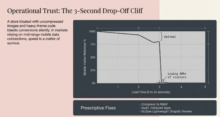 Graph showing sharp decline in mobile visitor retention after 3 seconds of page load time, highlighting significant drop-off and the importance of optimizing speed for ecommerce conversions.