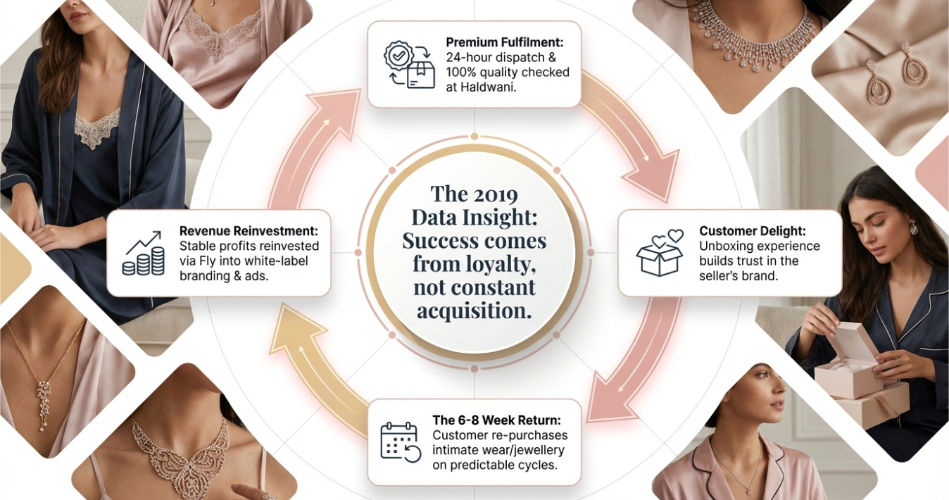 Infographic showing customer retention loop in dropshipping with premium fulfillment, unboxing experience, repeat purchases, and reinvestment strategy driving long-term business growth