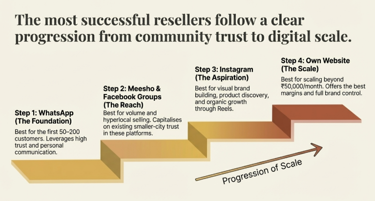Infographic showing the growth path of fashion resellers in Tier 2 and Tier 3 India from WhatsApp to Meesho and Facebook Groups, then Instagram, and finally scaling with their own website.